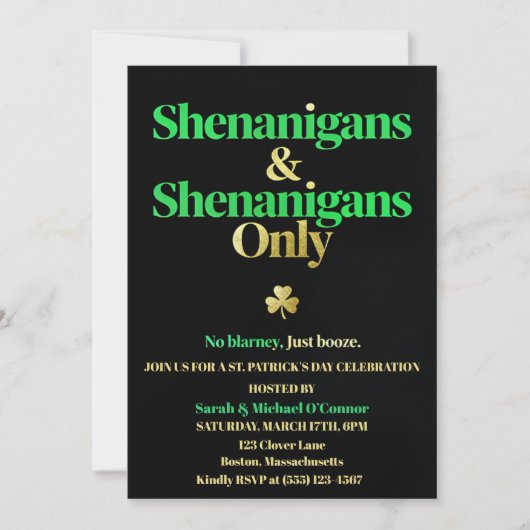 Shenanigans & Shenanigans のみ St. Patrick's Day 招待状 (正面)