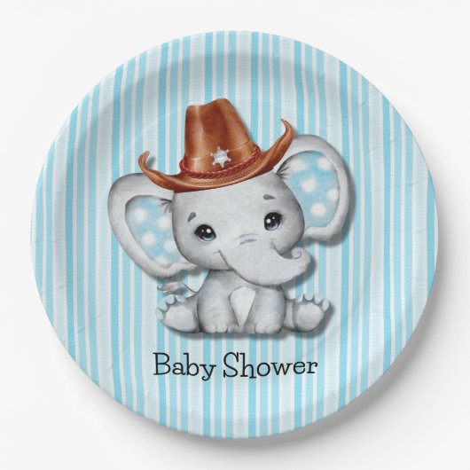Sheriff Cowboy Elephant Baby Showerありがとう ペーパープレート (正面)