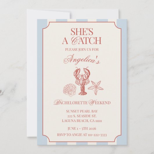 She's A Catch Bachelorette Weekend Itinerary and 招待状 (正面)