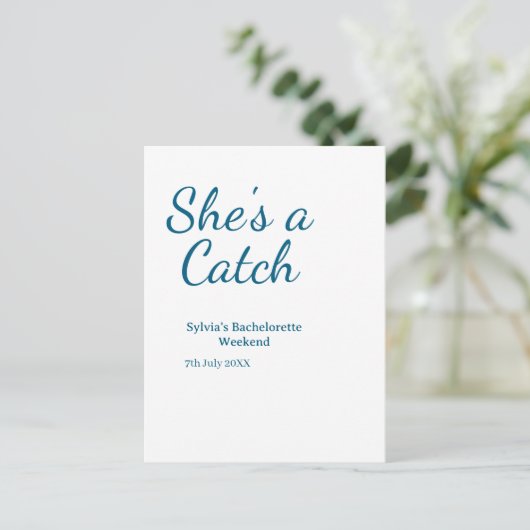 She's a catch bachelorette weekend name blue date  ポストカード (スタンド正面)