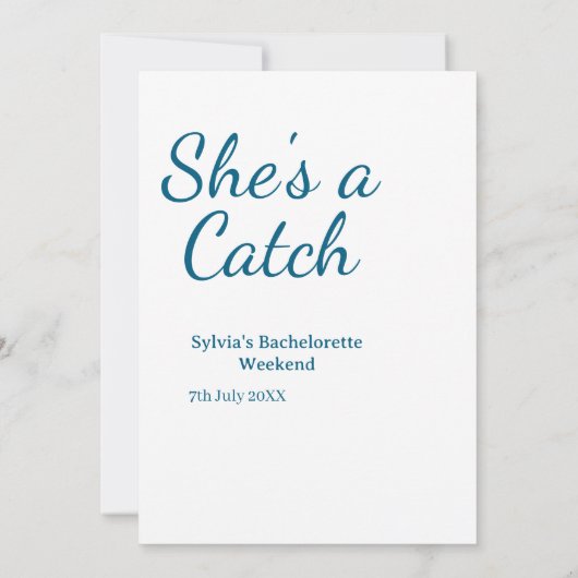 She's a catch bachelorette weekend name blue date  招待状 (裏面)