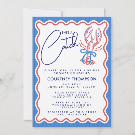 She's A Catch Coastal Lobster Bridal Shower 招待状 (正面)