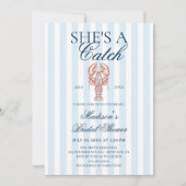 She's a catch Lobster Blue Striped Bridal Shower 招待状 (正面)