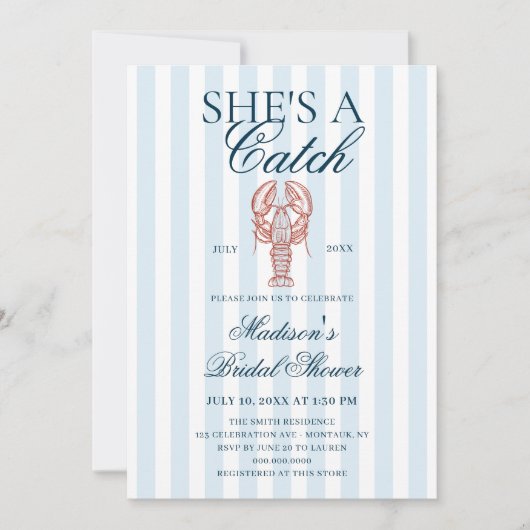 She's a catch Lobster Blue Striped Bridal Shower 招待状 (正面)