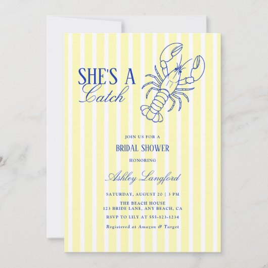 She's A Catch Lobster Coastal Bridal Shower 招待状 (正面)