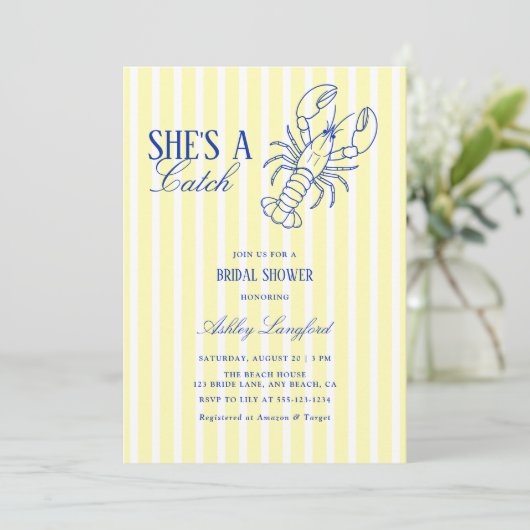 She's A Catch Lobster Coastal Bridal Shower 招待状 (スタンド正面)