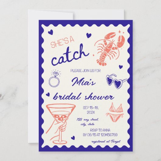 She's a catch Lobster Hand Drawn Bridal Shower 招待状 (正面)