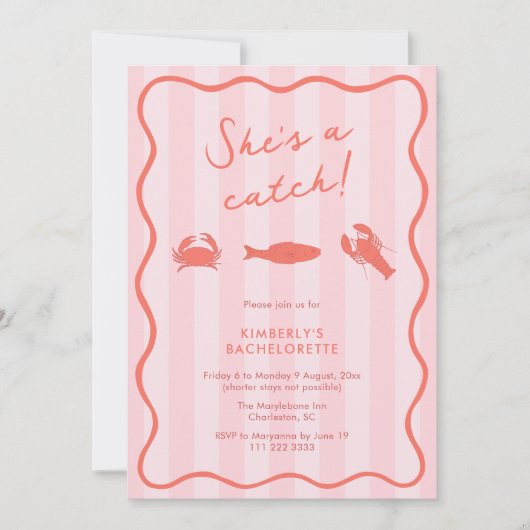 She's A Catch Lobster Pink Orange Bachelorette 招待状 (正面)