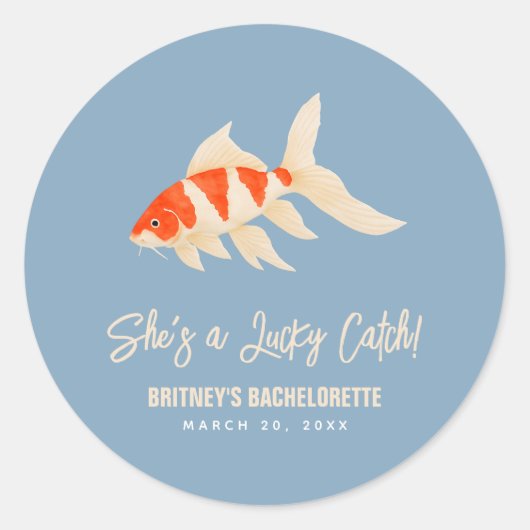 She's A Lucky Catch Koi Fish Blue Bachelorette ラウンドシール (正面)
