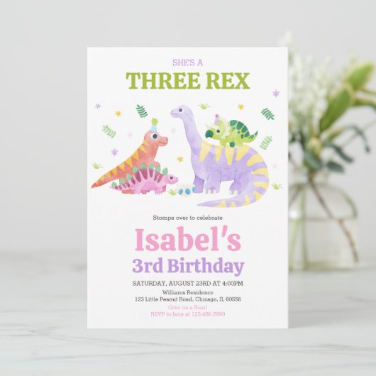 She's a Three rex Trex Dinosaur Birthday 招待状 (スタンド正面)