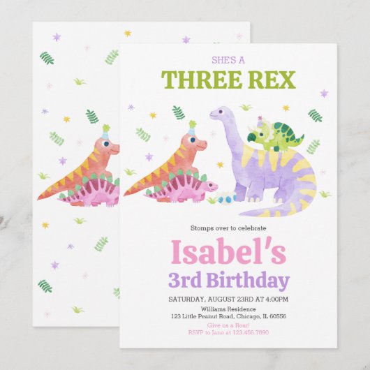 She's a Three rex Trex Dinosaur Birthday 招待状 (正面/裏面)
