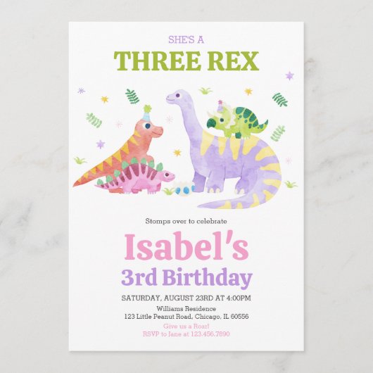 She's a Three rex Trex Dinosaur Birthday 招待状 (正面)