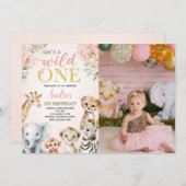 She's a Wild One Floral Safari Birthday Photo 招待状 (正面/裏面)