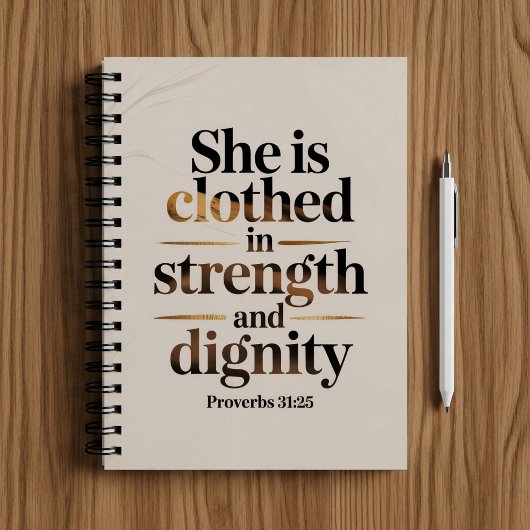 She's clothed in strength. Bible verse notebook ノートブック