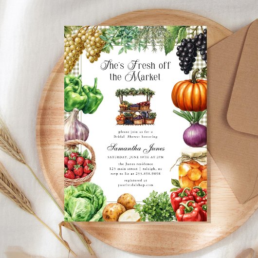 She's Fresh Off The Market Gingham Bridal Shower 招待状