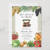 She's Fresh Off The Market Gingham Bridal Shower 招待状 (正面)