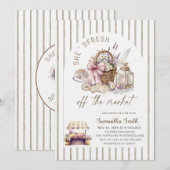 She's Fresh Off the Market Striped Bridal Shower 招待状 (正面/裏面)