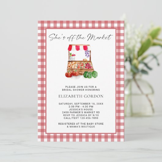 She's Off the Market Bridal Shower Gingham 招待状 (スタンド正面)