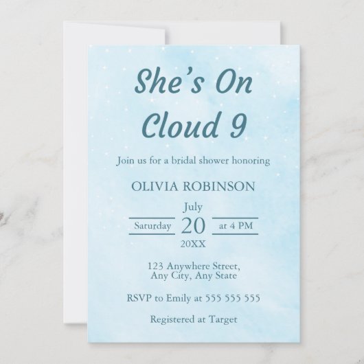She's On Cloud 9ドリーミースカイブルーブライダルシャワー 招待状 (正面)