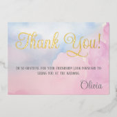 She's On Cloud 9ピンクブライダルシャワーサンキューカード 箔シーズンカード (正面)