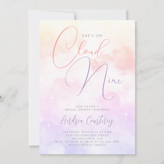 She's on Cloud Nine Dreamy Pastel Clouds and Stars 招待状 (正面)