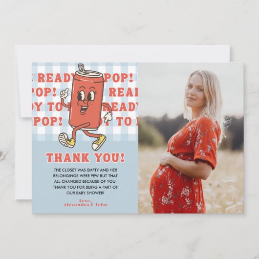 She's Ready to Pop Baby Shower Blue Gingham Photo サンキューカード (正面)