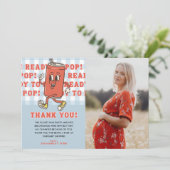 She's Ready to Pop Baby Shower Blue Gingham Photo サンキューカード (スタンド正面)