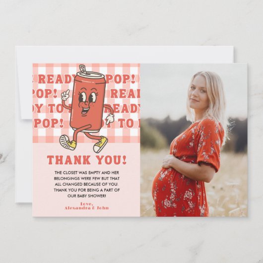 She's Ready to Pop Baby Shower Red Gingham Photo サンキューカード (正面)