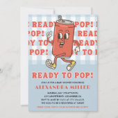 She's Ready to Pop Baby Shower Retro Blue Gingham 招待状 (正面)