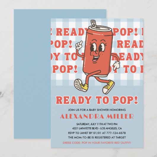 She's Ready to Pop Baby Shower Retro Blue Gingham 招待状 (正面/裏面)