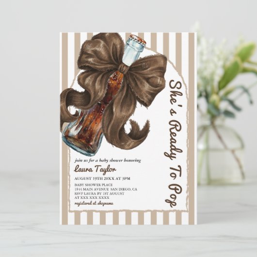 She's Ready To Pop Neutral Bow Baby Shower  招待状 (スタンド正面)