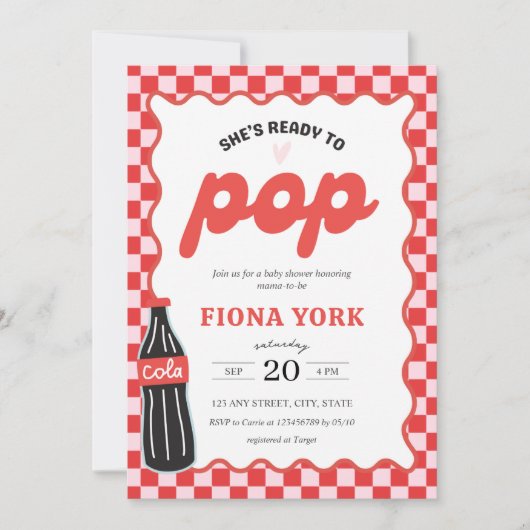 She's Ready to Pop Retro Soda Red Pink Baby Shower 招待状 (正面)