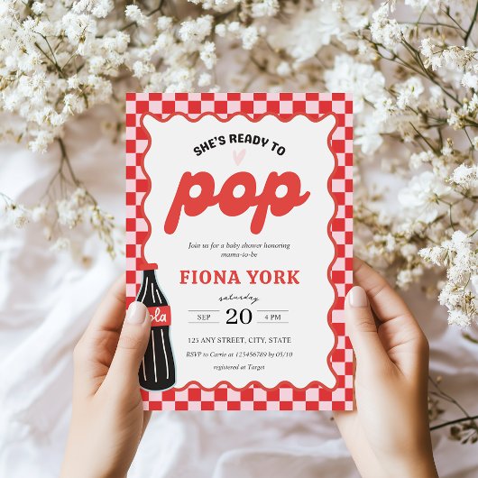 She's Ready to Pop Retro Soda Red Pink Baby Shower 招待状