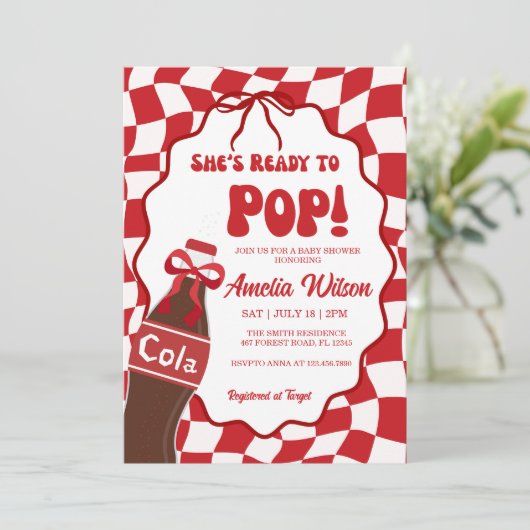 She's ready to pop soda cola baby shower  招待状 (スタンド正面)