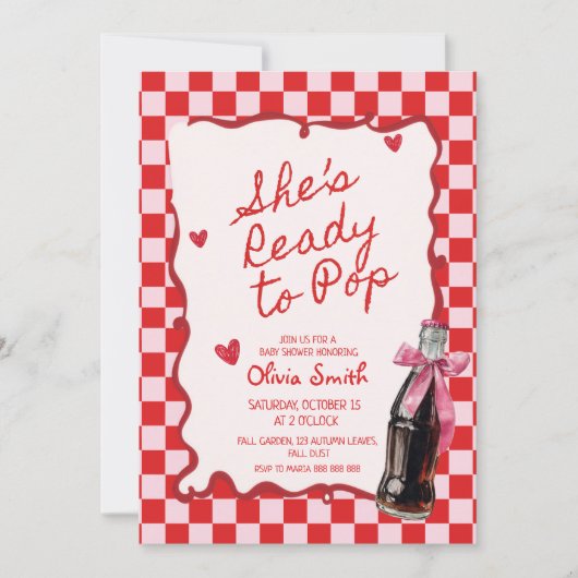  She's Ready to Pop Soda pink & red Baby Shower  招待状 (正面)