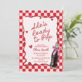  She's Ready to Pop Soda pink & red Baby Shower  招待状 (スタンド正面)