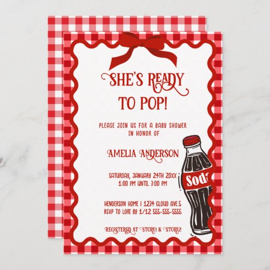 She's Ready to Pop Soda Red Gingham 招待状 (正面/裏面)