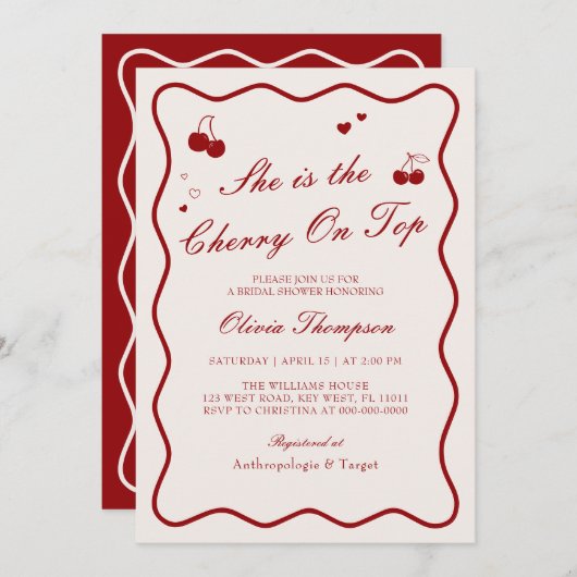 She's The Cherry On Top Bridal Shower 招待状 (正面/裏面)