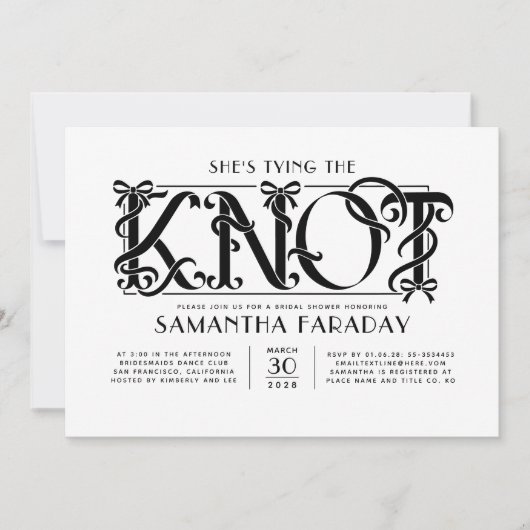 She's Tying The Knot Black Bow Bridal Shower 招待状 (正面)