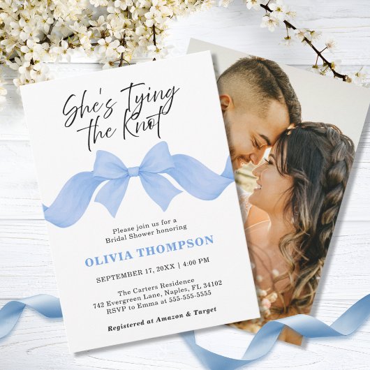 She's Tying the Knot Blue Bow Photo Bridal Shower 招待状