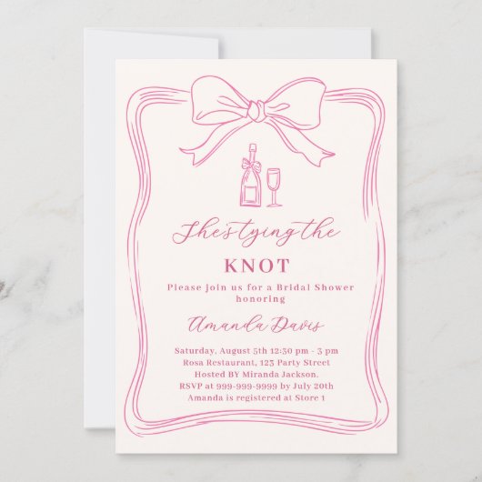 She's tying the knot bow pink ivory Bridal Shower 招待状 (正面)