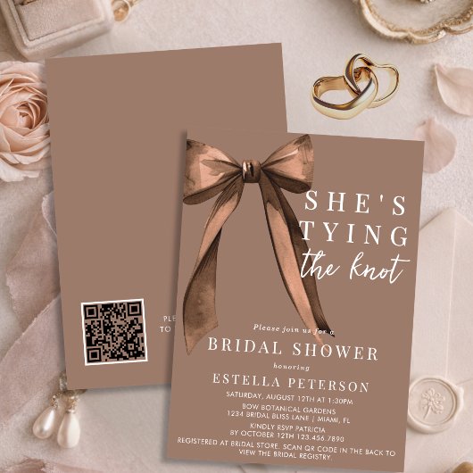 She's Tying The Knot Brown QR Code Bridal Shower 招待状