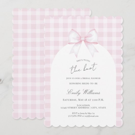 She's Tying The Knot Elegant Bow Bridal Shower 招待状 (正面/裏面)