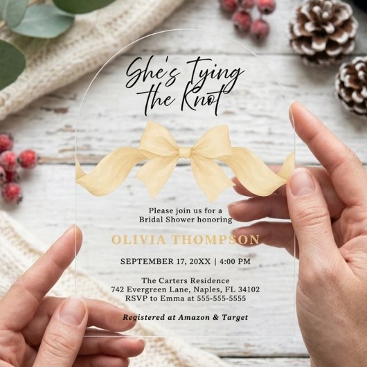 She's Tying the Knot Gold Bow Photo Bridal Shower アクリル招待状