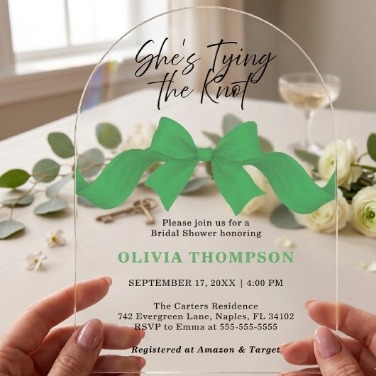 She's Tying the Knot Green Bow Photo Bridal Shower アクリル招待状