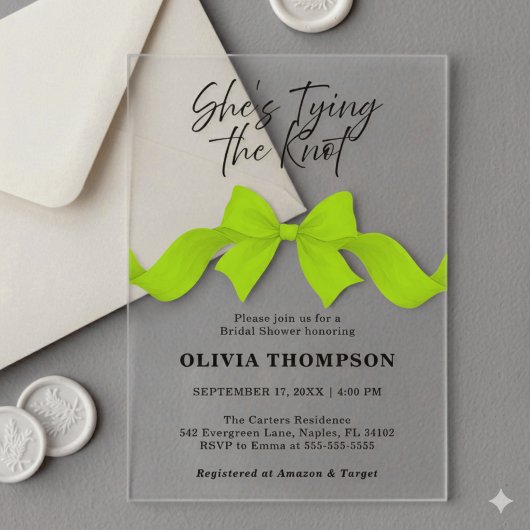 She's Tying the Knot Lime Green Bow |Bridal Shower アクリル招待状