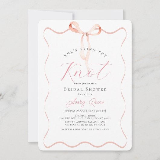 She's tying the Knot Pink Bow Bridal Shower 招待状 (正面)