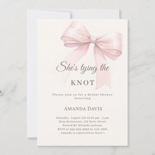 She's tying the knot pink bow Bridal Shower 招待状 (正面)