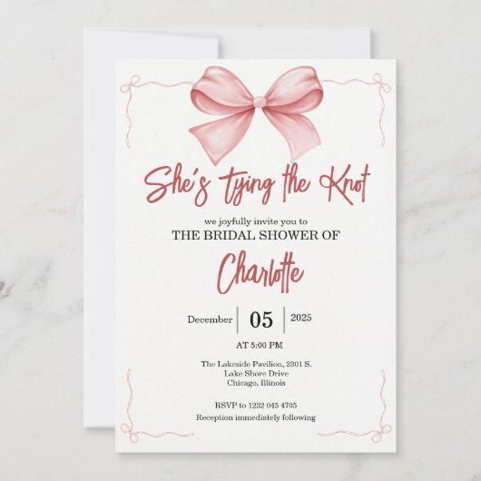she's tying the knot pink Bow bridal shower  招待状 (正面)