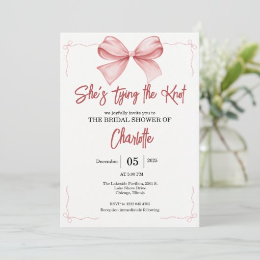 she's tying the knot pink Bow bridal shower  招待状 (スタンド正面)